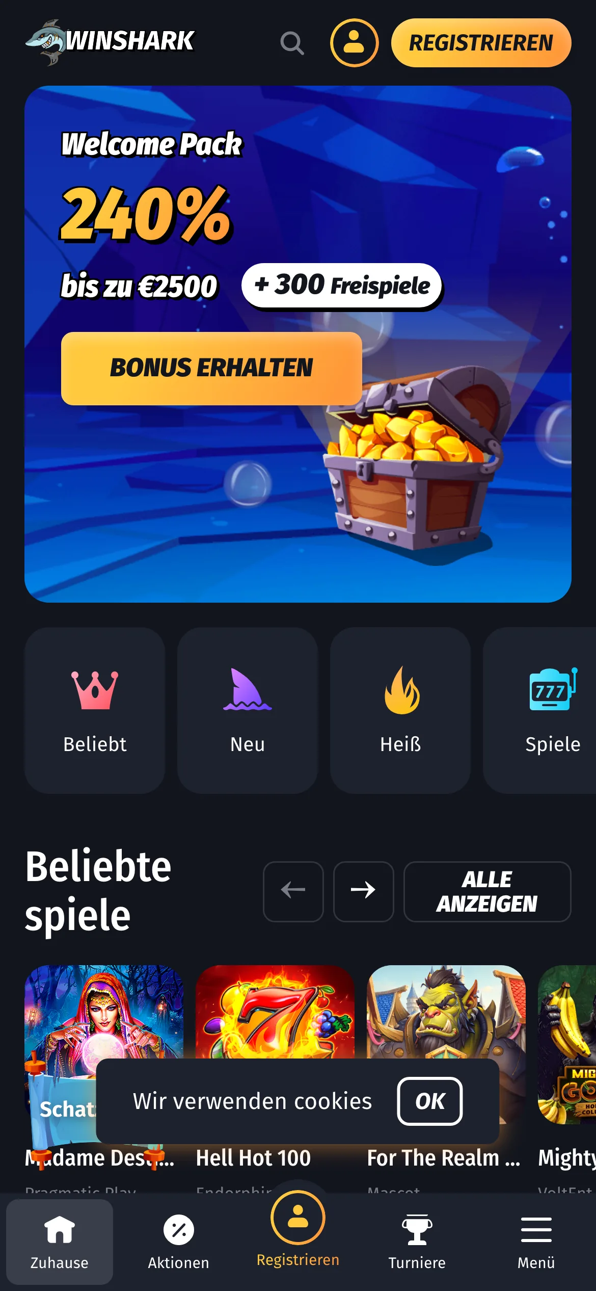 WinShark Casino mobile lobby screenshot